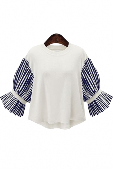 Round Neck Color Block Striped Sleeve Chic Pullover Blouse