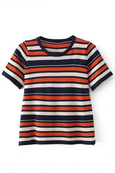 Striped Color Block Short Sleeve Round Neck Knitted Tee