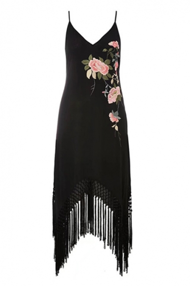 Women's Embroidery Floral Pattern Tassel Sleeveless Spaghetti Straps Asymmetric Cami Dress