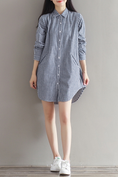 Women's Single Breasted Lapel Long Sleeve High Low High Striped Shirt Dress with Pockets
