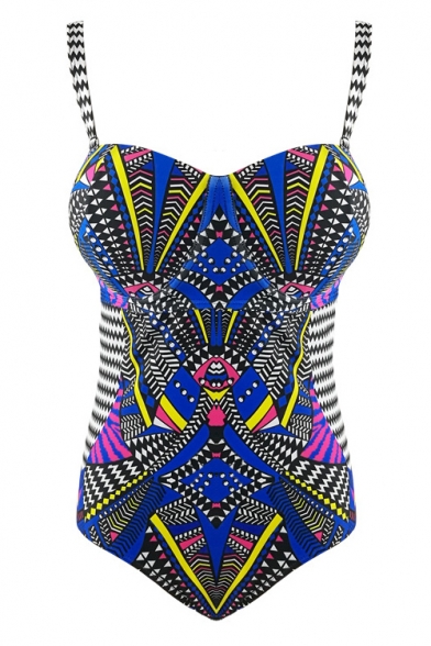 Color Block Tribal Printed Spaghetti Straps Oversize One Piece Bikini Swimwear