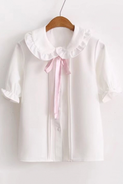 Cute Tied Lapel Flare Short Sleeve Single Breasted Plain Shirt