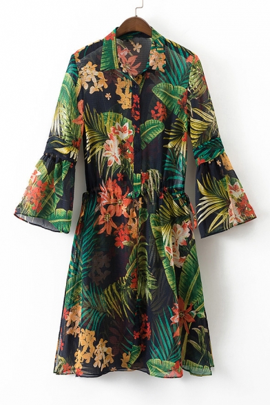 Foliage Printed Lapel Collar Flared Sleeve Buttons Down Midi A-Line Dress