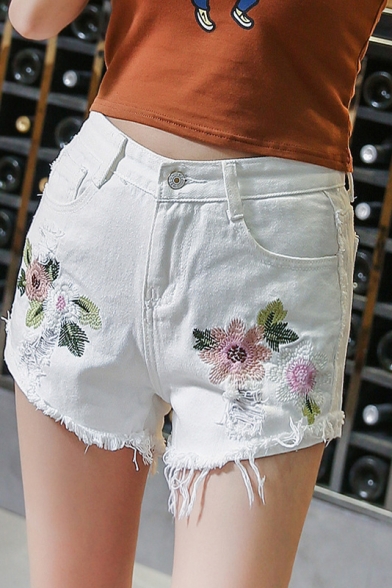 Hot Fashion High Rise Floral Embroidered Ripped Summer's Denim Shorts