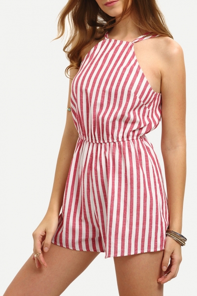 New Arrival Open Back Striped Printed Spaghetti Straps Beach Rompers