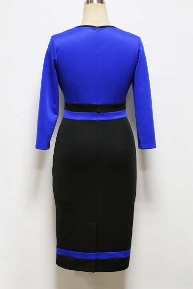 New Arrival Zip Fly Front Long Sleeve Color Block Midi Pencil Dress
