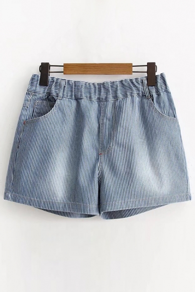 Summer's Fresh Striped Printed Elastic Waist Loose Shorts