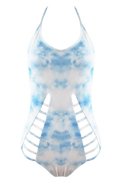 Tie Dye Halter Neck Backless Sexy Hollow Out One Piece Swimwear