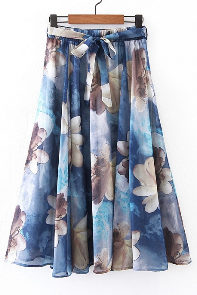 Bow Waist Ink Floral Printed Chiffon A-Line Midi Skirt
