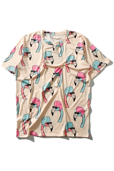 Cartoon Flamingo Printed Round Neck Short Sleeve Pullover Graphic Tee