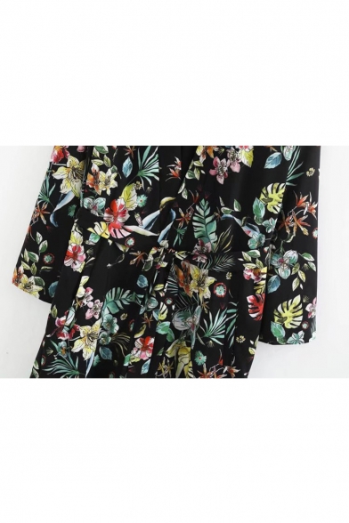 Color Block Floral Printed Long Sleeve Belt Waist Tunic Coat