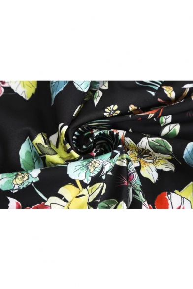 Color Block Floral Printed Long Sleeve Belt Waist Tunic Coat