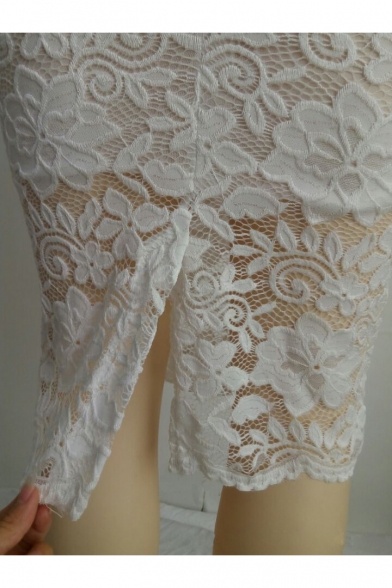 Elegant 3/4 Length Sleeve Round Neck Floral Plain Lace Midi Pencil Dress