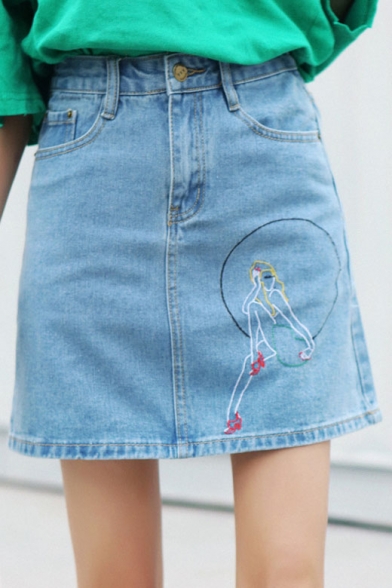 Embroidered High Waist Summer's Mini A-Line Denim Skirt