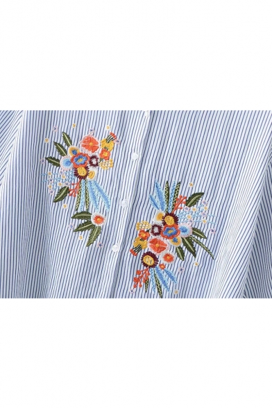 Floral Embroidered Striped Printed Lapel Collar Half Sleeve Asymmetrical Shirt