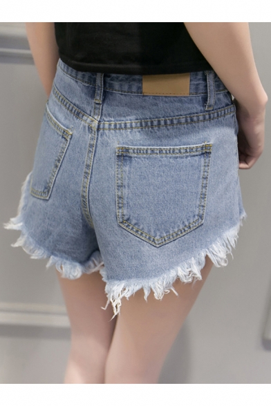 Floral Embroidered Summer's Fringe Hem Leisure Denim Shorts