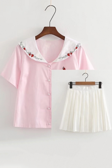 Fresh Folded Collar Short Sleeve Buttons Down Shirt with Mini A-Line Pleated Skirt