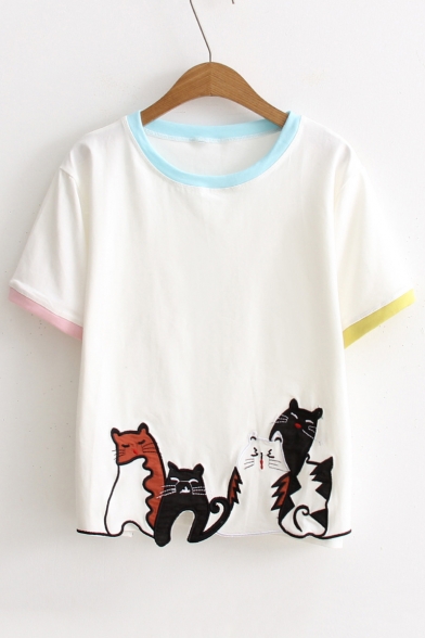 Fresh Simple Cartoon Cat Printed Round Neck Short Sleeve Leisure T-Shirt