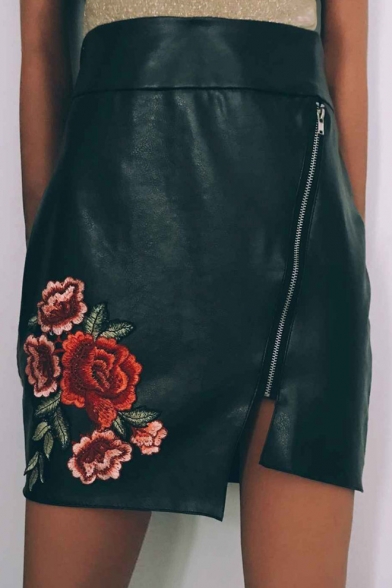 High Rise Zip Side Floral Embroidered Split Side Bodycon Mini Skirt