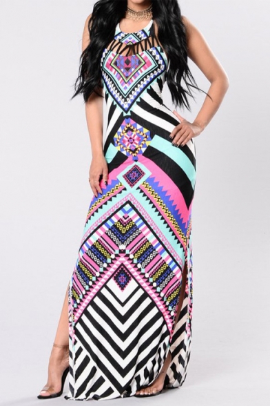 Hot Fashion Halter Neck Tribal Printed Split Side Bodycon Maxi Dress