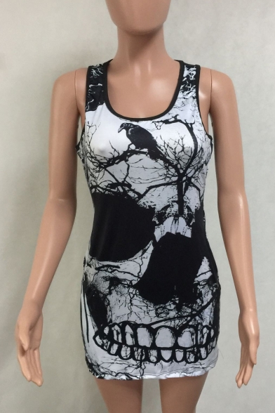 New Arrival Skull Printed Scoop Neck Sleeveless Bodycon Mini Tank Dress