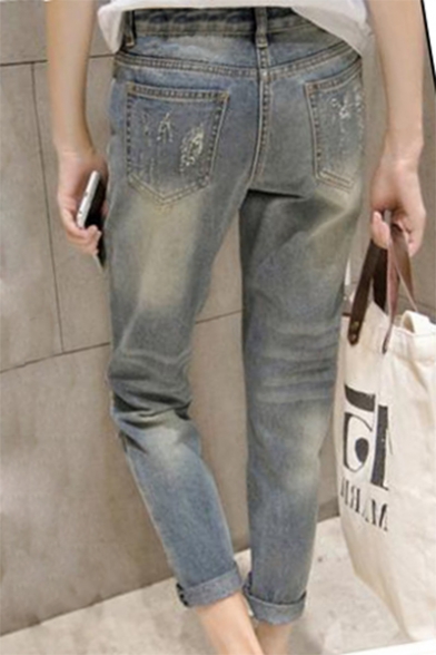 New Fashion Letter Print Patchwork Ripped High Waist Capris Jeans
