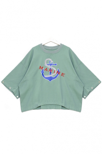 Round Neck 3/4 Sleeve Letter Embroidered Loose Casual Oversize T-Shirt