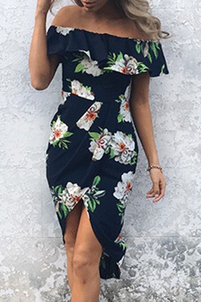 Sexy Off The Shoulder Ruffle Hem Floral Printed Split Front Asymmetrical Dress