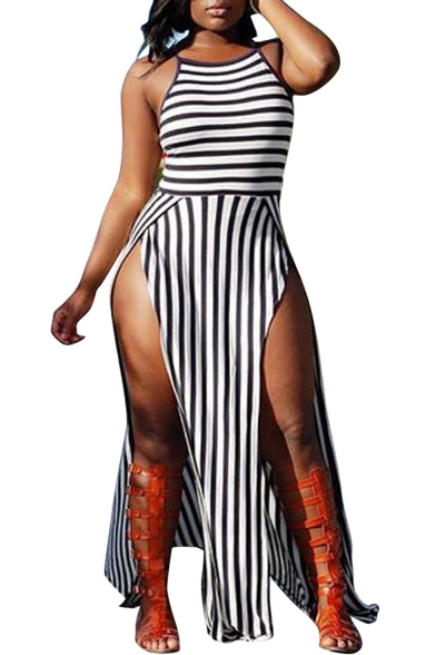 Sexy Spaghetti Straps Split Front Striped Color Block Sleeveless Maxi Dress