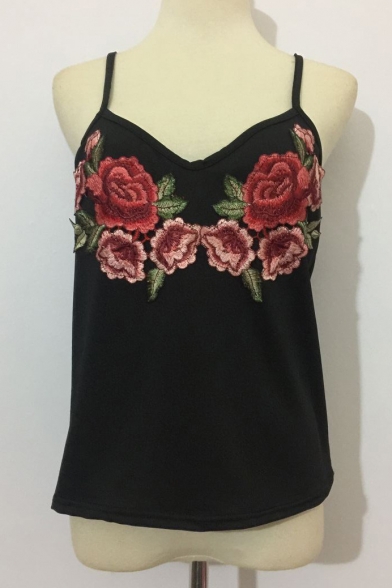Summer's New Arrival Spaghetti Straps Open Back Floral Embroidered Cami Top