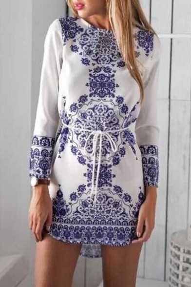 Women's Long Sleeve Color Block Printed Round Neck High Low Hem Mini Dress