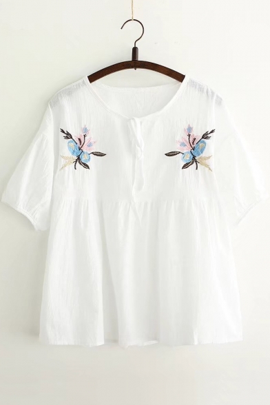 Women's Loose Embroidery Pattern Short Sleeve Round Neck Blouse