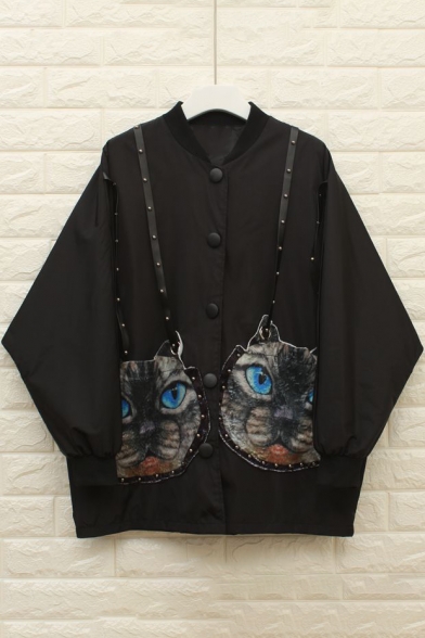 Cartoon Cat Printed Long Sleeve Buttons Down Rivet Design Oversize Baseball Coat