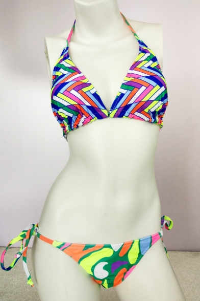 Chic Color Block Striped Printed Halter Neck Triangle Top String Bottom Bikini Swimwear