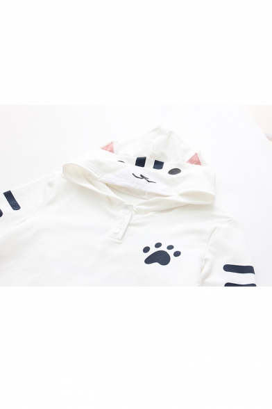 Cute Cartoon Cat Printed Hooded Long Sleeve Striped Hoodie Sweatshirt