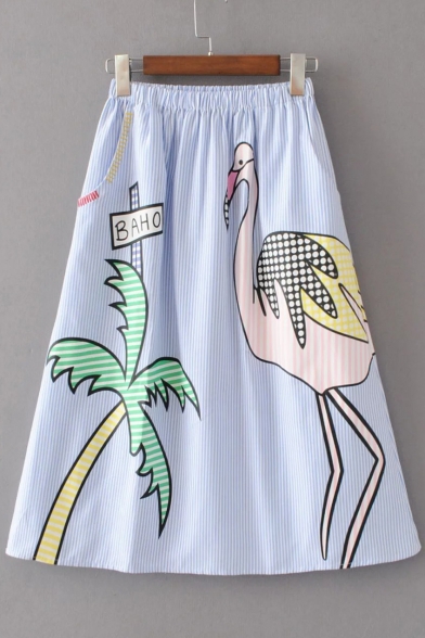 Elastic Waist Striped Pattern Animal Printed A-Line Midi Fashion Skirt