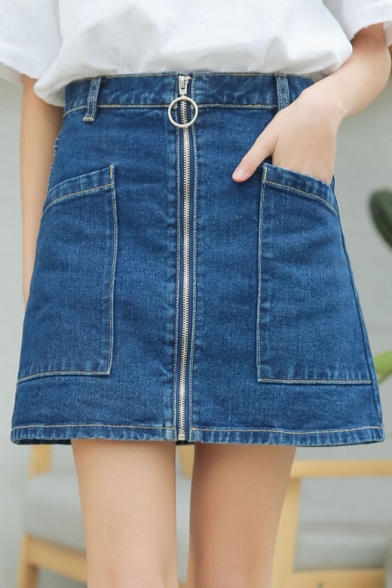 High Waist Zip Fly New Fashion Plain Mini A-Line Denim Skirt with Pockets