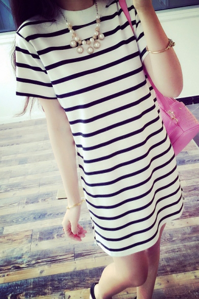 Leisure Striped Color Block Short Sleeve Round Neck Mini T-Shirt Dress
