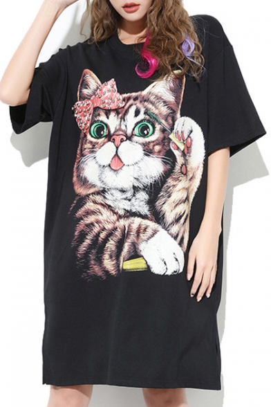 Lovely Cartoon Cat Printed Beaded Bow Short Sleeve Round Neck Midi T-Shirt Dress