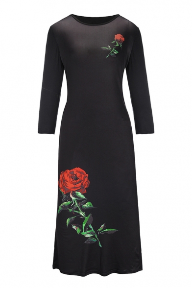New Arrival Rose Pattern Round Neck Long Sleeve Oversize Maxi Bodycon Dress