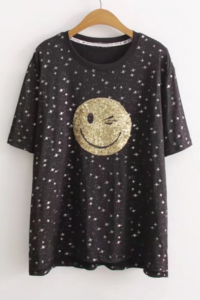 New Arrival Sequined Smile Face Embroidery Star Pattern Short Sleeve Round Neck Tee