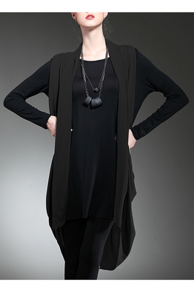 New Stylish Loose Long Sleeve Round Neck Plain False Two-Pieces Asymmetric Dress