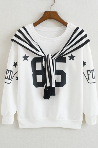 New Stylish Pentacle Letter Printed Long Sleeve Round Neck Pullover Sweatshirt with Embellished Cape