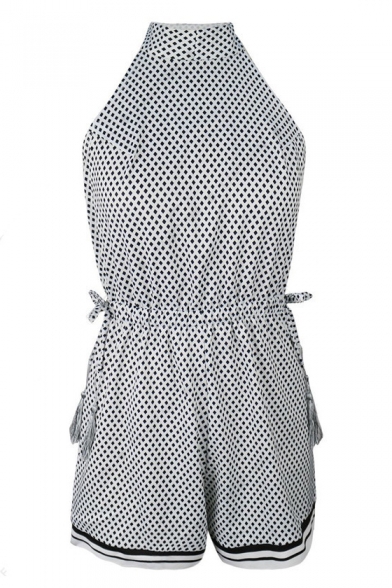 Polka Dot Printed Halter Neck Bow Back Open Back Casual Leisure Rompers
