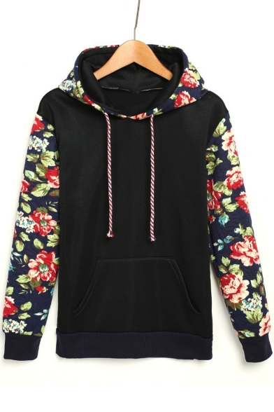 Retro Floral Pattern Long Sleeve Loose Leisure Hoodie with Pockets