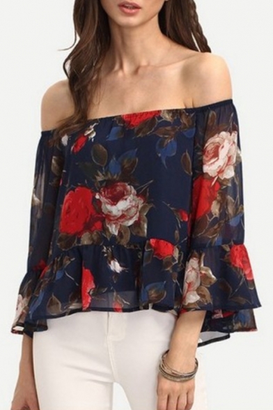 Sexy Floral Printed Off the Shoulder 3/4 Length Sleeve High Low Hem Chiffon Blouse