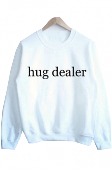 Simple Letter Printed Round Neck Long Sleeve Basic Pullover Sweatshirt