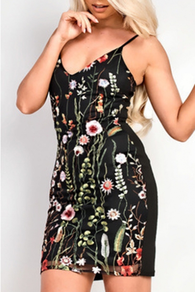 Spaghetti Straps Embroidery Floral Pattern Sleeveless Mini Cami Dress