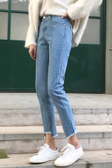 Women's Asymmetric Broken Cuffs High Waist Plain Skinny Jeans