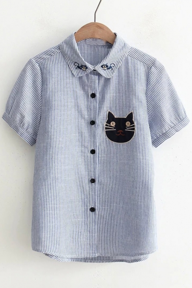 Women's Striped Embroidery Cat Pattern Single Breasted Short Sleeve Lapel Shirt